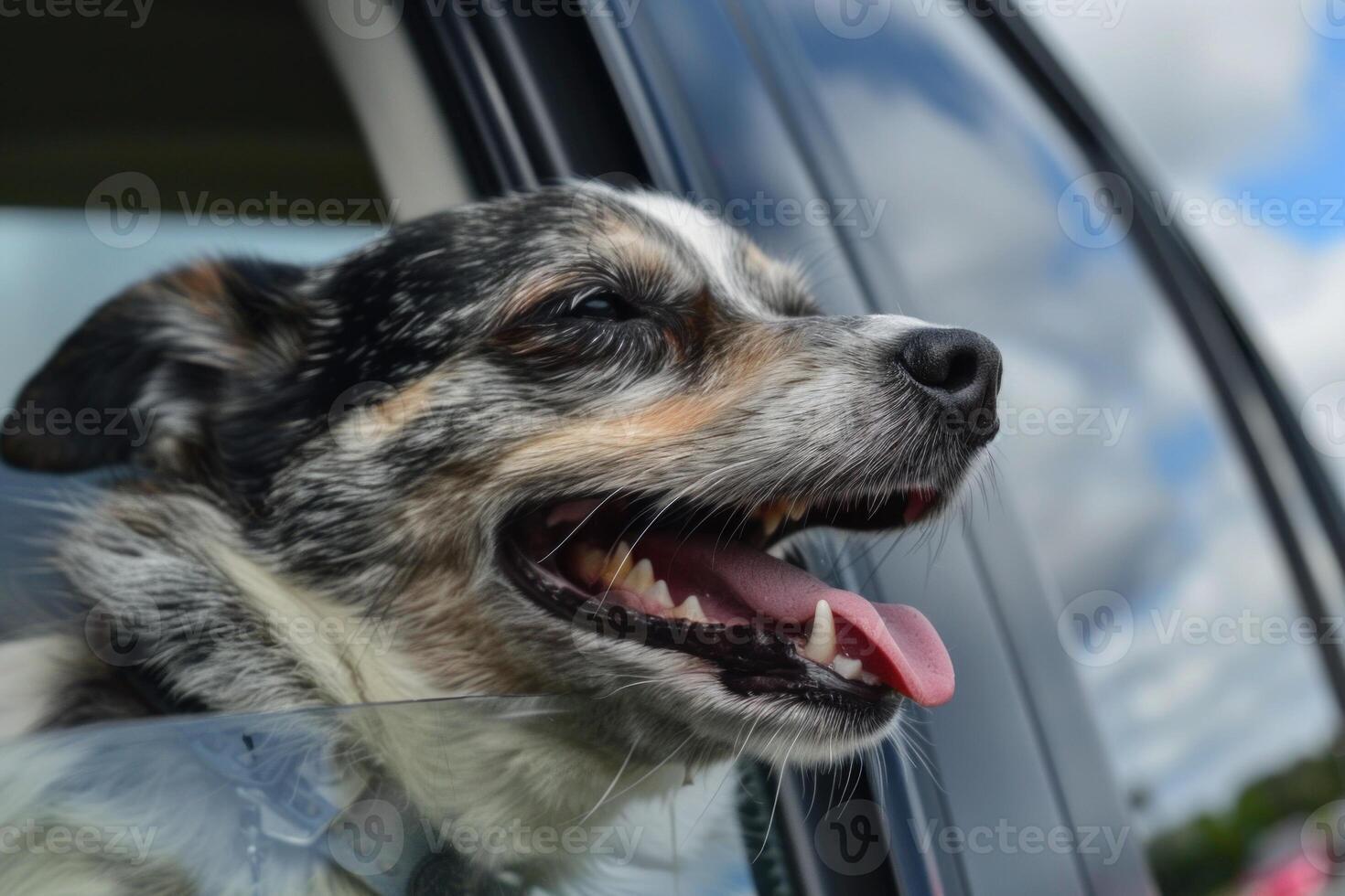 Joyful dog with its head out of a car window, tongue out, and wind in its fur photo