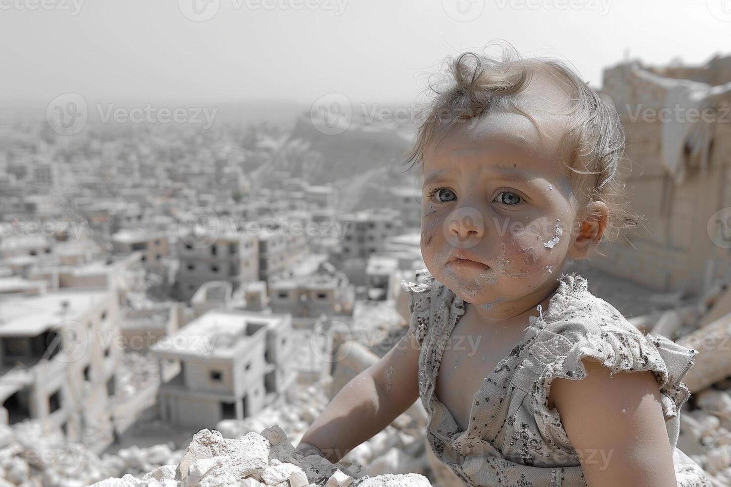 Innocent child's image in wartorn area conveys message of resilience and hope photo