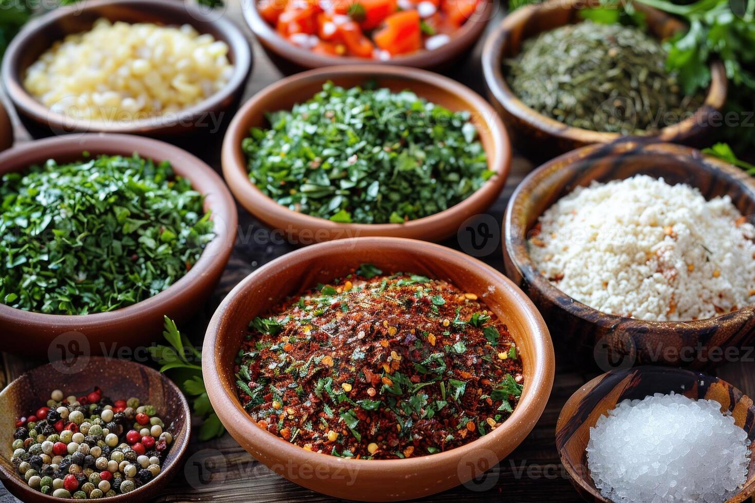 Variety of spices and herbs drying in rustic bowls for cooking photo