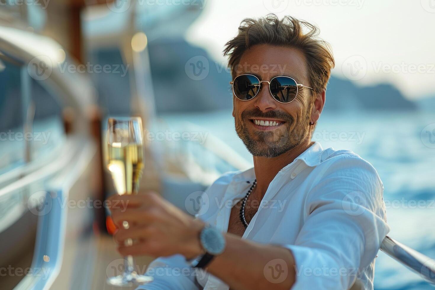Cheerful, welldressed man with stylish sunglasses holds a glass of champagne aboard a luxury yacht, basking in the warm glow of a sunset, exemplifying success and a lavish lifestyle photo