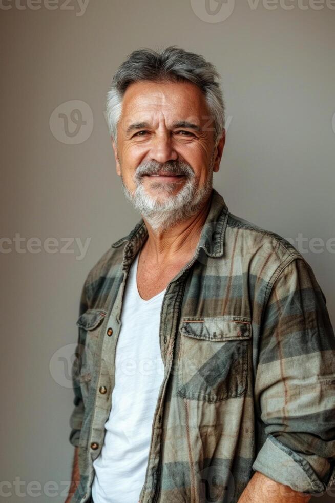 Cheerful mature man with a friendly smile, posed casually for a portrait photo