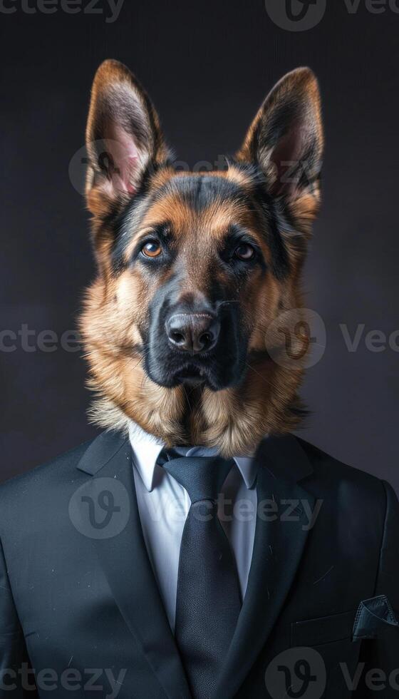 German shepherd dog posing in a sophisticated black suit and tie with a professional demeanour photo