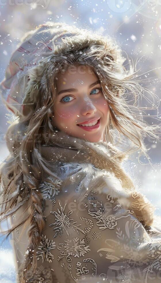 Portrait of a smiling young woman in a snowy landscape, wrapped in a warm, patterned shawl photo