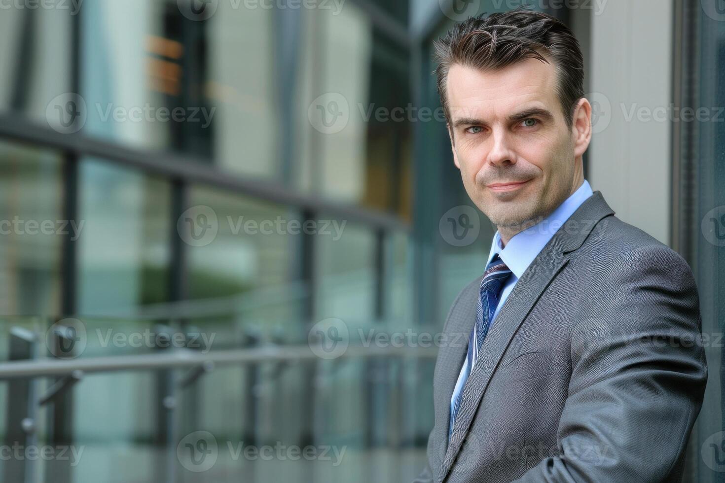 Confident businessman smiling and leaning against wall photo