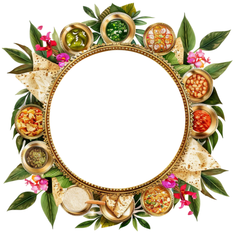 A Round Frame With Food And Flowers On It On Transparent Background. png