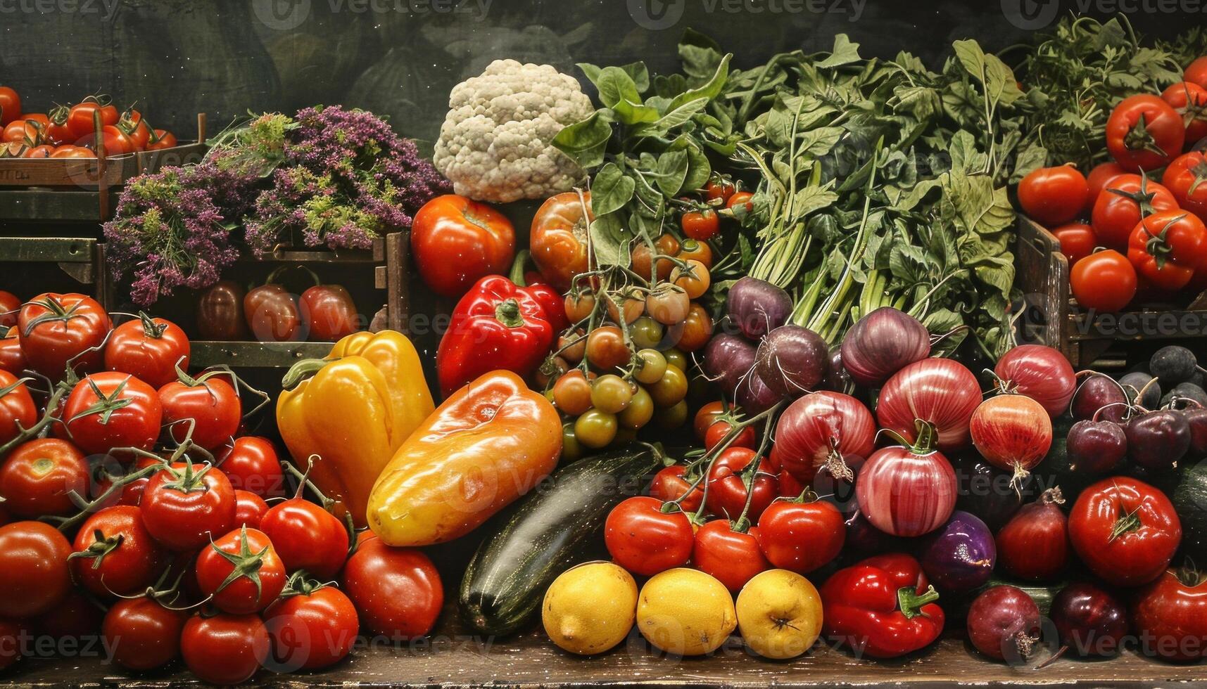 Fresh organic vegetables at farmers market stall photo