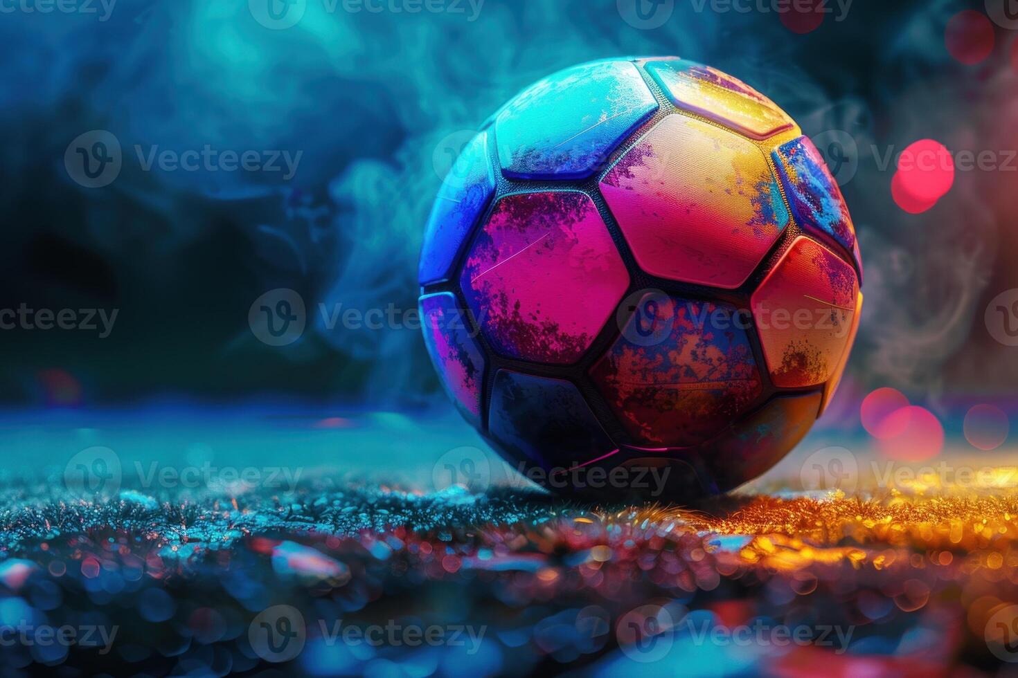 Vibrant neon soccer ball pops against abstract blue and red background, perfect for creative sports concepts photo