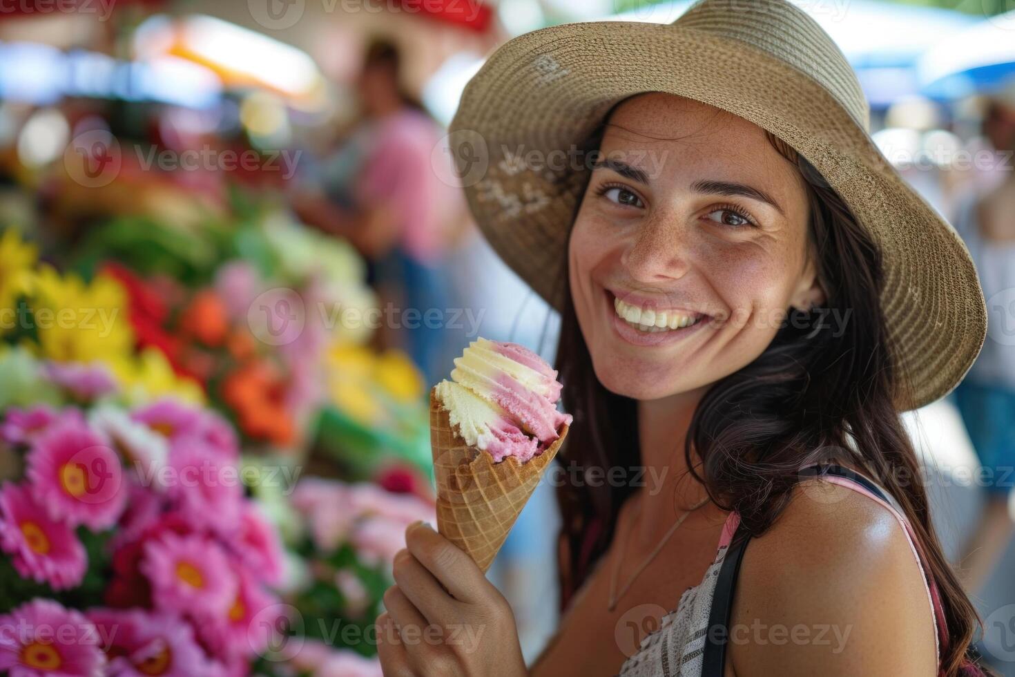 Smiling woman in sun hat savors ice cream by vibrant flowers at busy market on sunny day photo