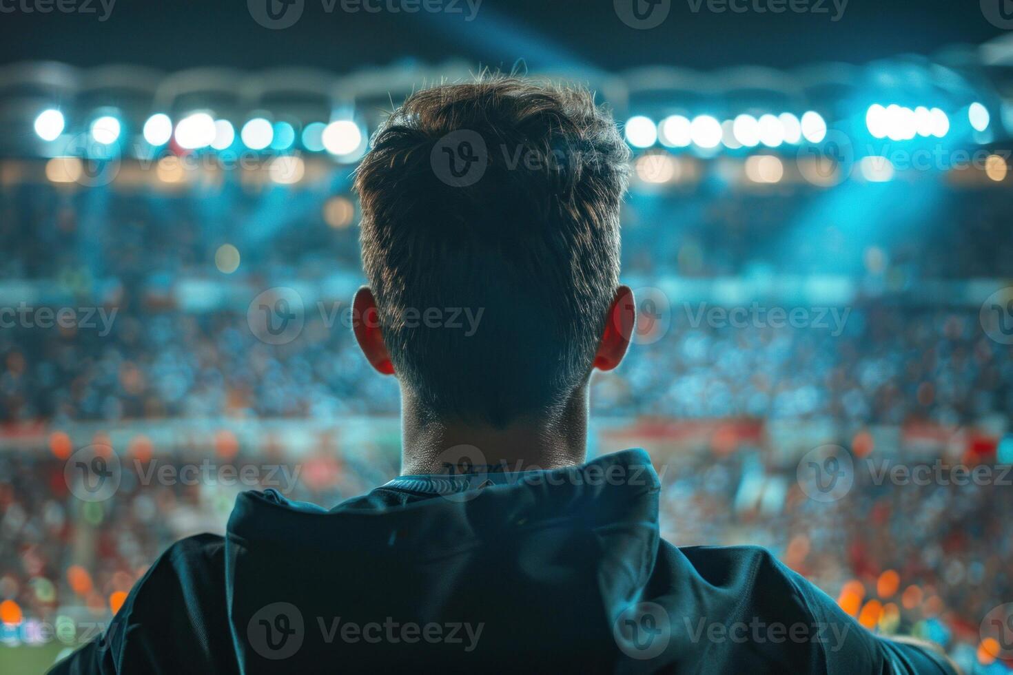 Soccer fan watching game at night in crowded stadium photo