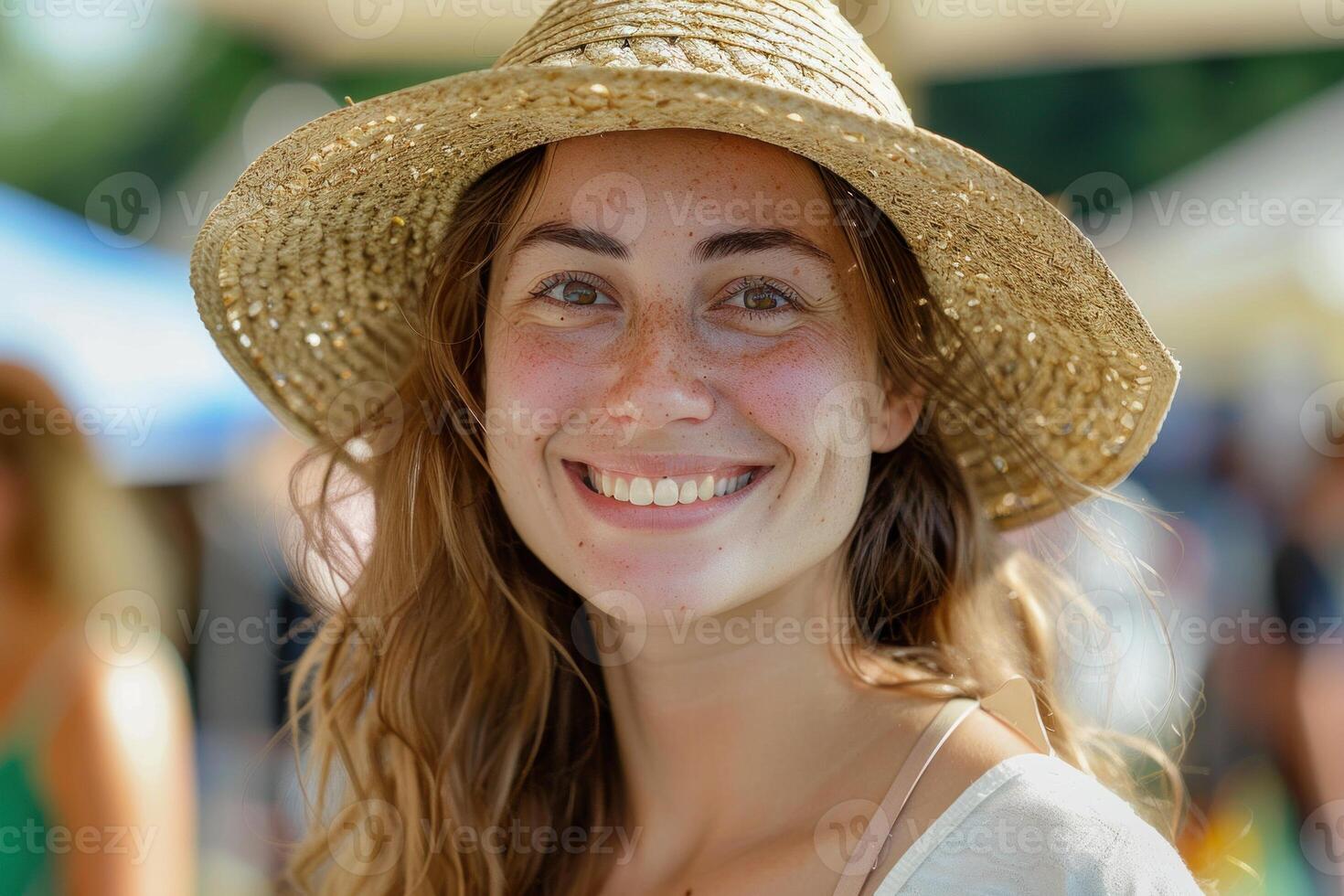 Close-up of a cheerful young lady with a sun hat, sporting a beautiful, sunlit smile outdoors photo