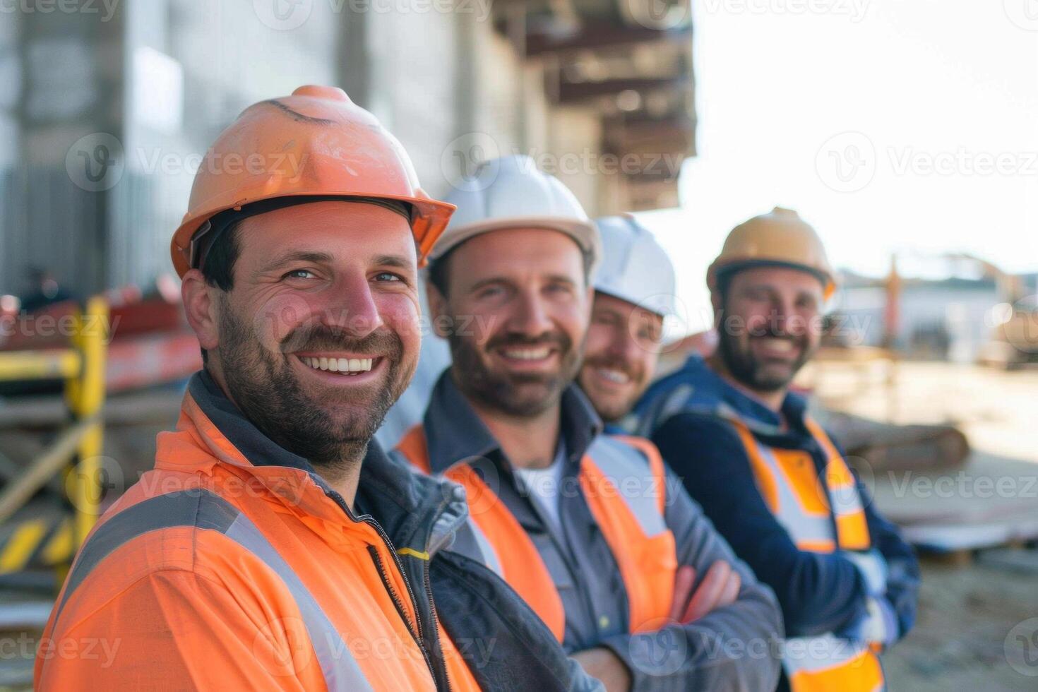 Smiling construction workers at a building site photo