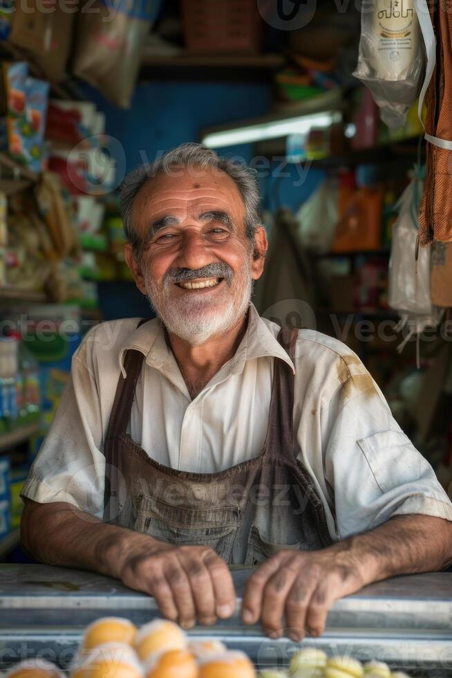 Cheerful senior shopkeeper smiling in his store photo