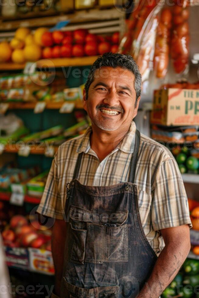 Smiling grocer in fruit store photo