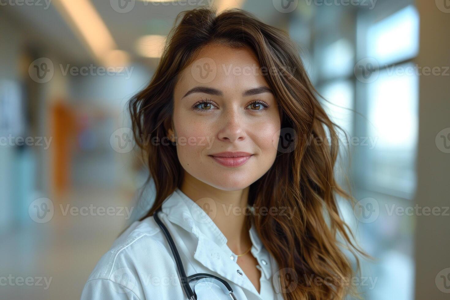 Friendly female doctor with a stethoscope around her neck stands in a modern clinic hallway, exuding approachability and professionalism photo