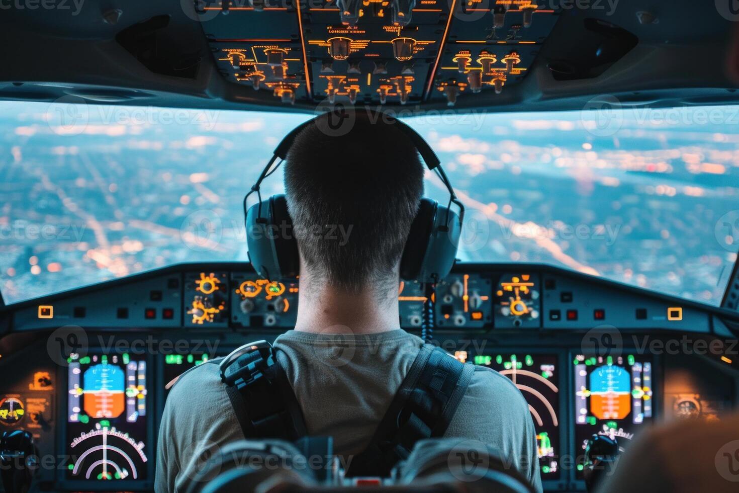 The pilot's perspective inside the cockpit of a modern aircraft, with a view of the intricate instrument panel and the cityscape at dusk through the front windshield photo