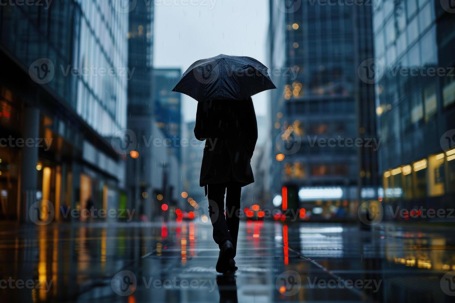 Lone man holding an umbrella walks through a modern cityscape on a rainy day. The urban environment reflects the somber mood with wet pavement and illuminated buildings photo