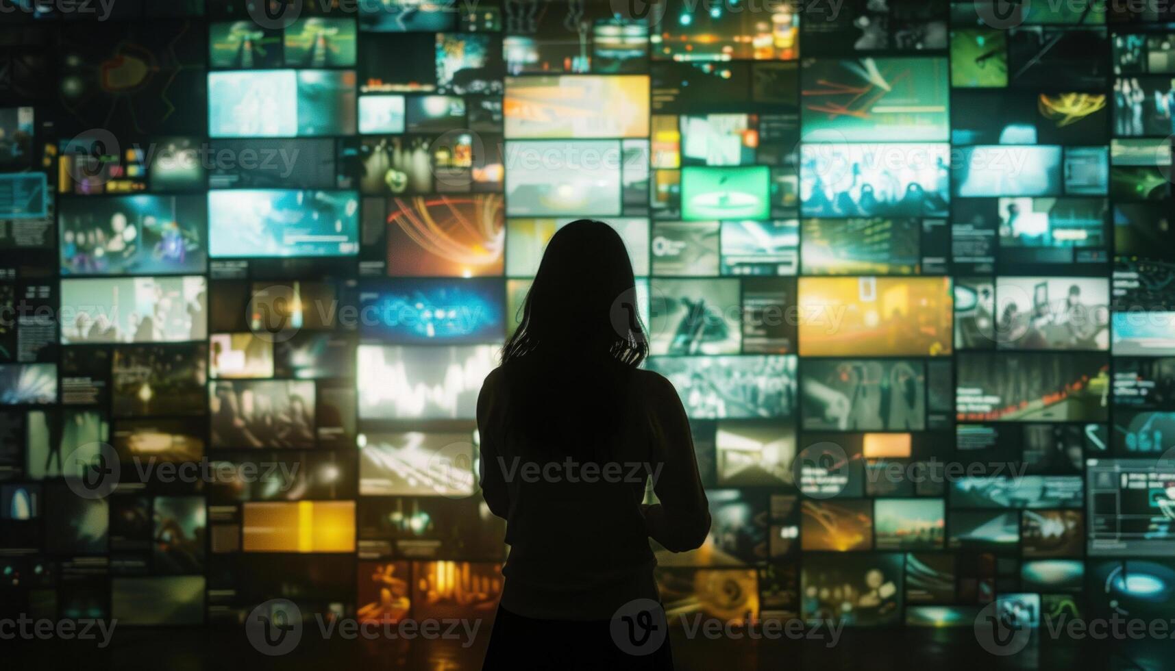 Person stands before a vast array of digital screens, monitoring and analyzing data photo
