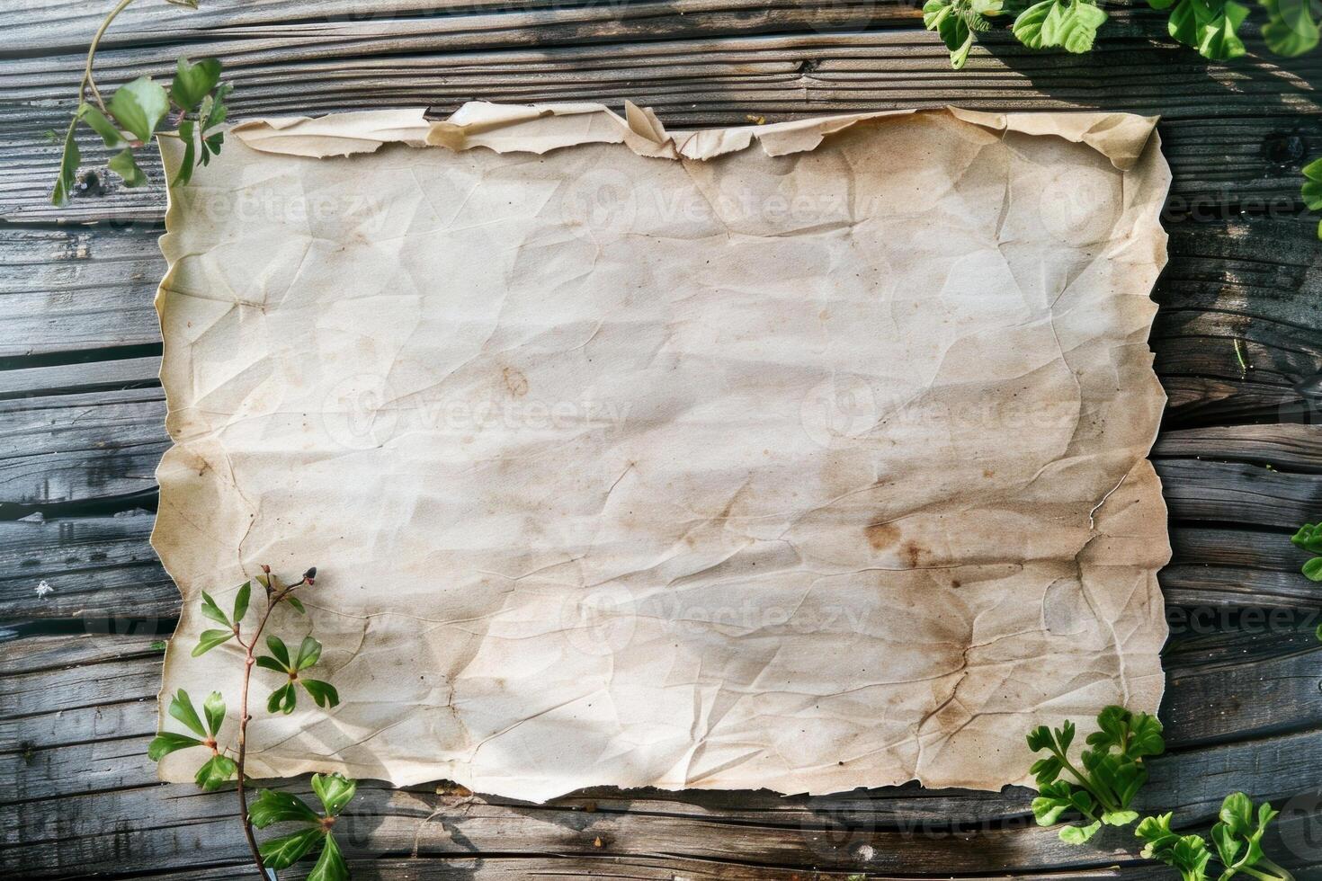 Weathered wood backdrop with green leaves framing a rustic, aged paper sheet photo