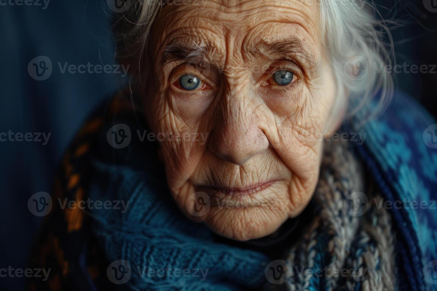 Close-up of a senior woman with a thoughtful gaze and wrinkled face photo