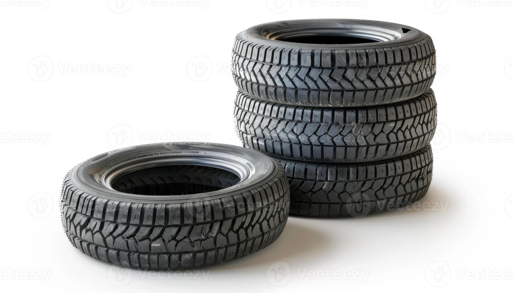 Stack of car tires on white background photo