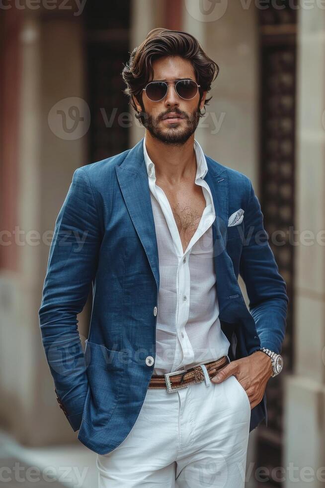 Stylish male model exudes confidence in a sharp blue blazer and white trousers, adding a touch of cool with sunglasses and a relaxed, unbuttoned white shirt photo