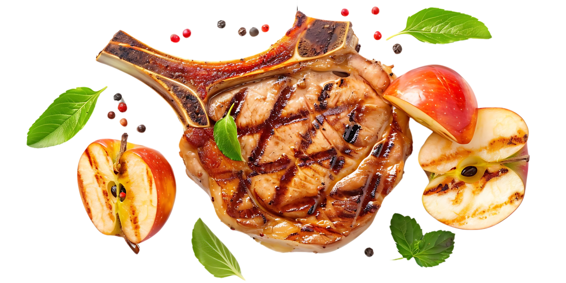 Grilled Pork Chop with Apple Slices and Basil Leaves - Food Photography png