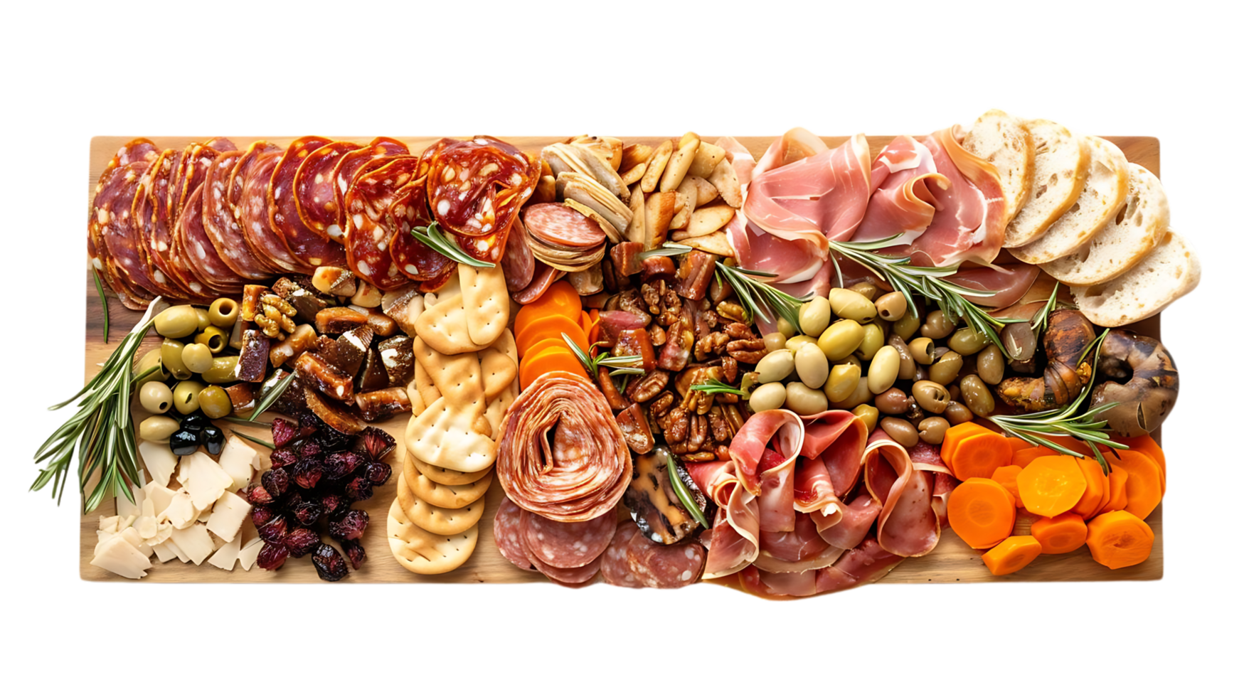 Appetizer Platter with Salami, Prosciutto, Olives, Crackers, and Bread - Food Photography png