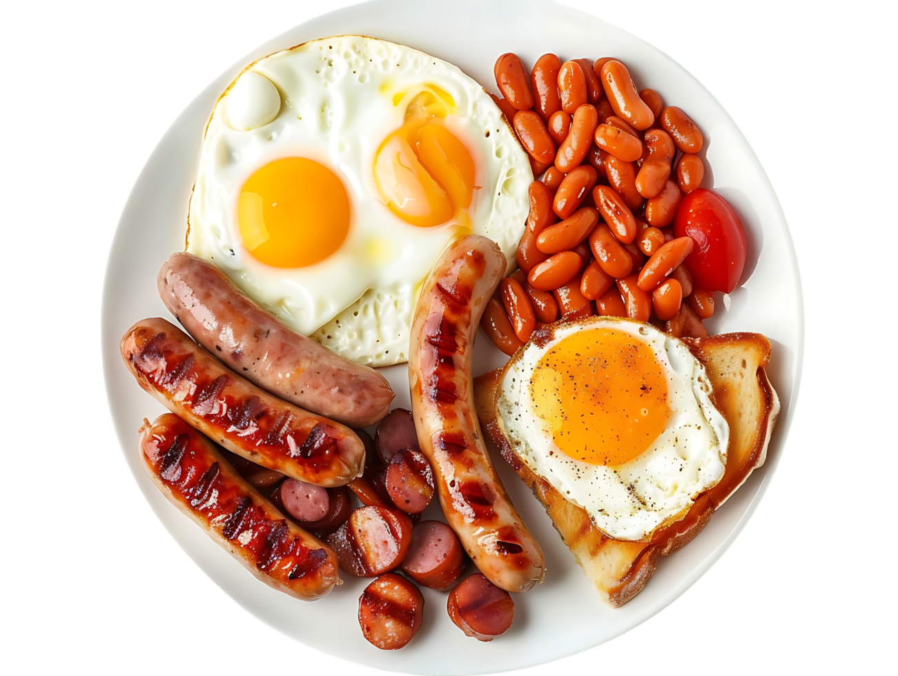 Delicious Breakfast Plate with Fried Eggs, Sausage, Baked Beans, and Toast - Food Photography png