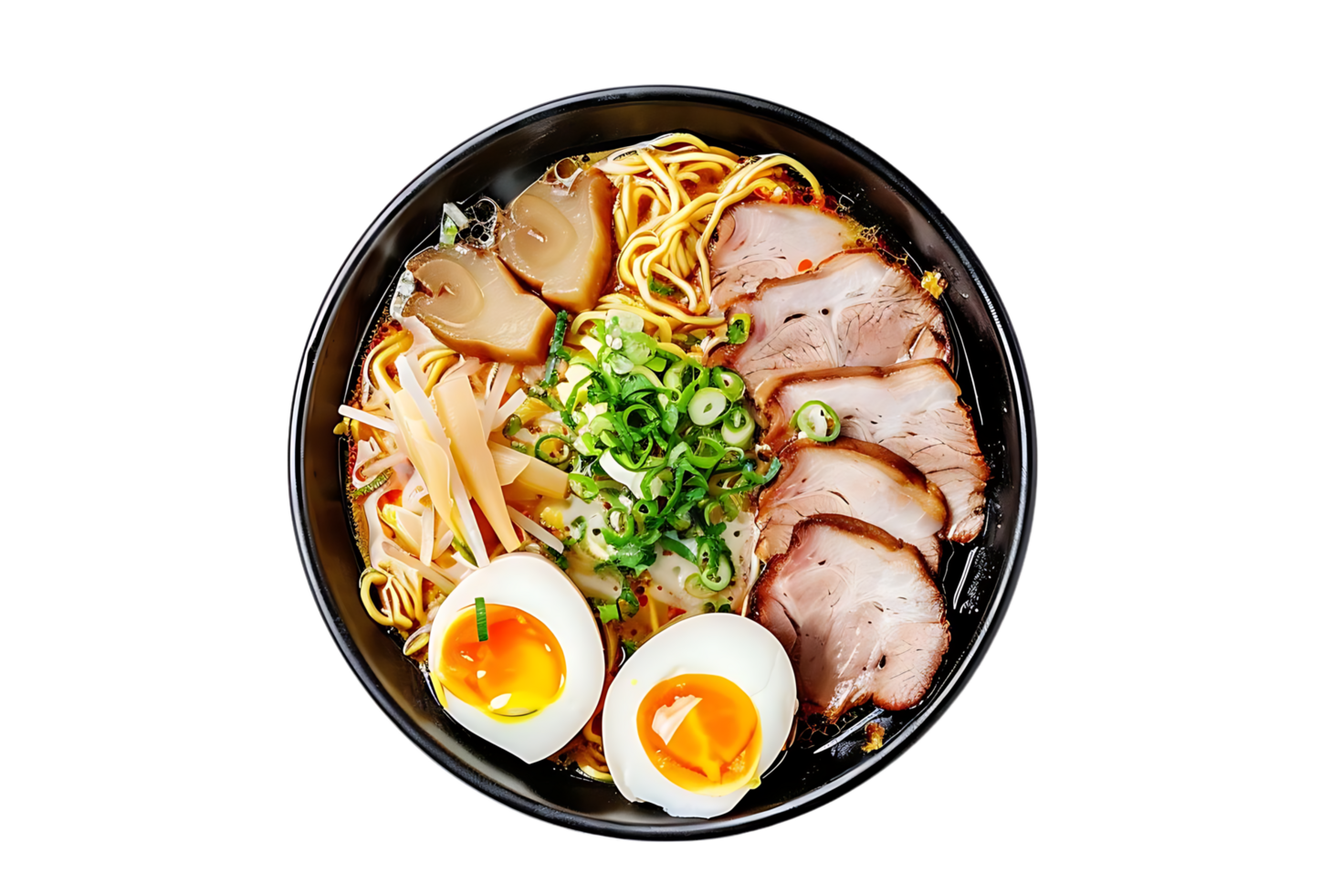 Delicious Bowl of Ramen with Pork, Eggs, and Green Onions - Food Photography png