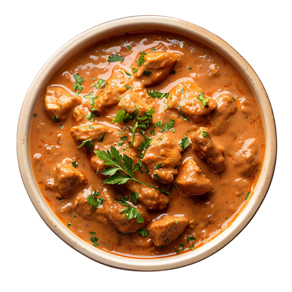 Chicken Curry with Parsley in Bowl - Overhead View - Food Photography png