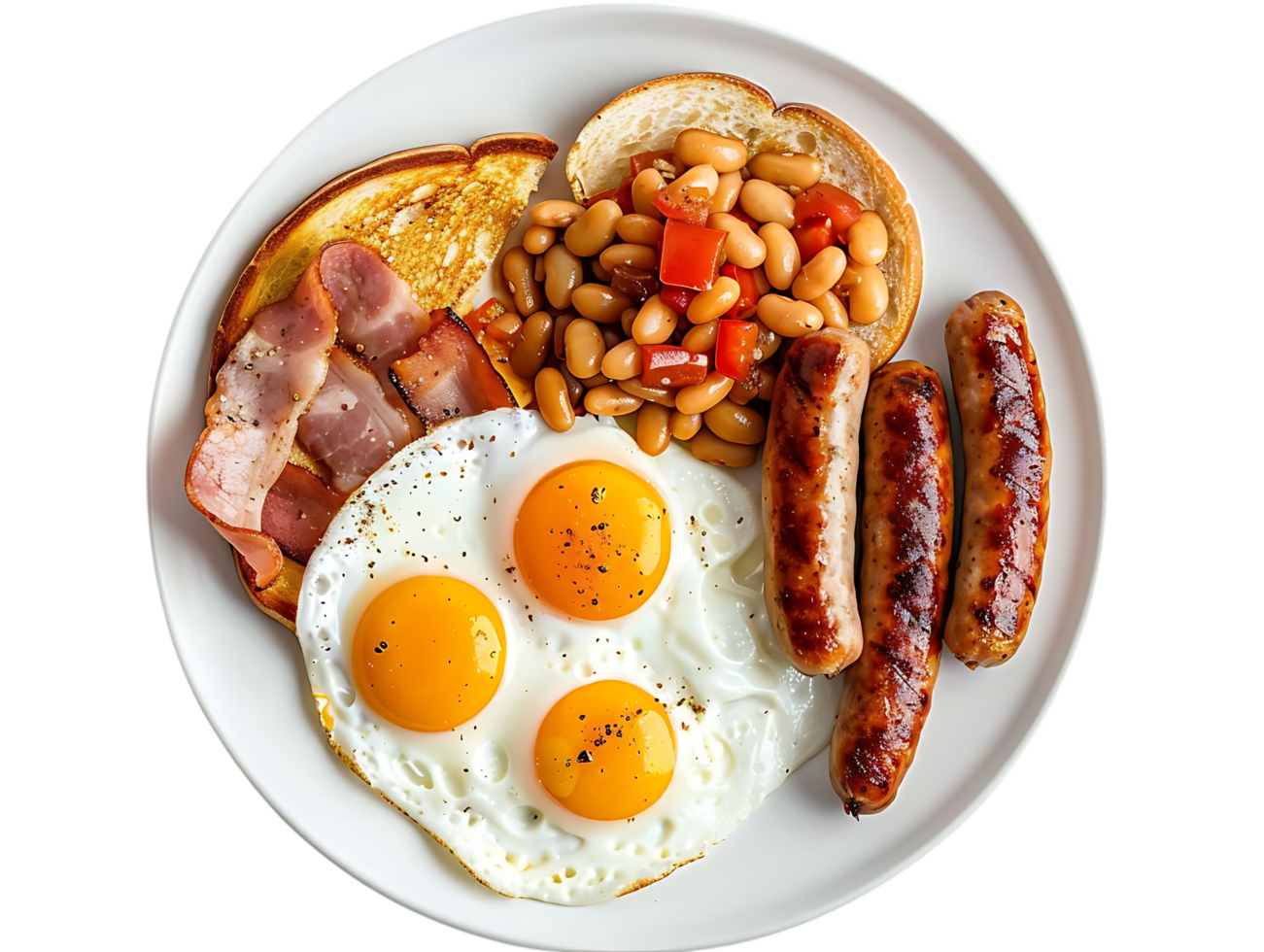 Fried Eggs, Bacon, Sausages, Baked Beans, and Toast - A Delicious Full English Breakfast Illustration png