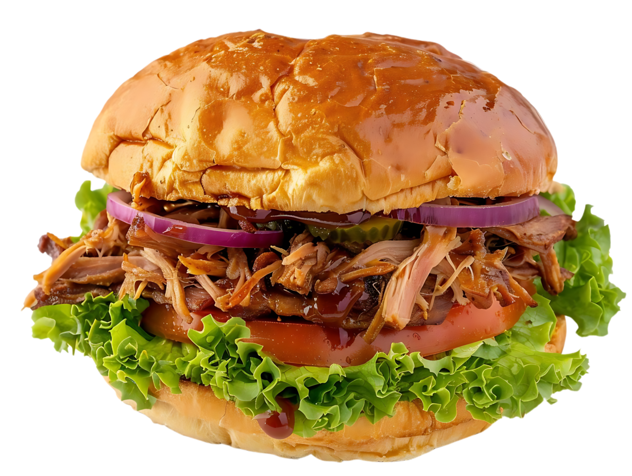 Delicious Pulled Pork Burger with Lettuce, Tomato, and Onion - Food Photography png