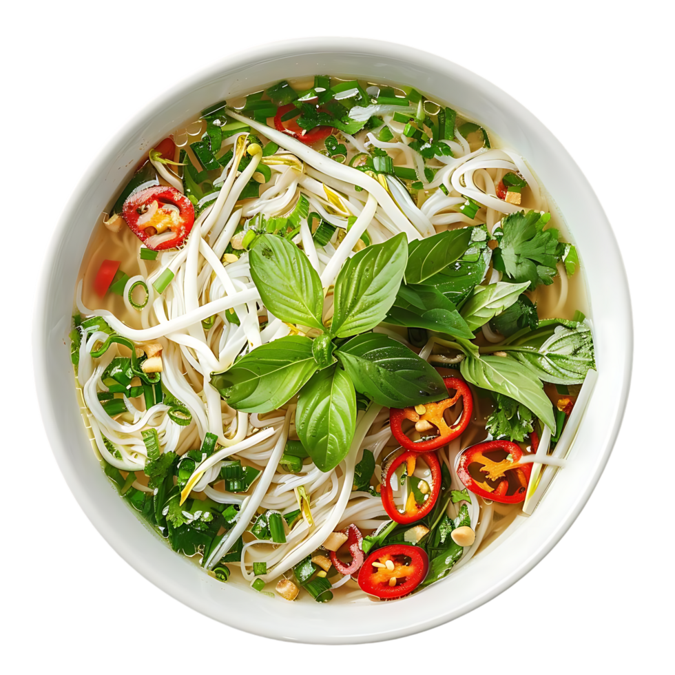 Delicious Vietnamese Pho Soup Photo - Top View of a Bowl of Pho with Noodles, Broth, Herbs and Peppers png