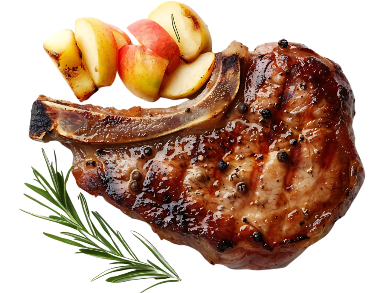 Grilled Pork Chop with Apple Slices and Rosemary - Realistic Food Image png