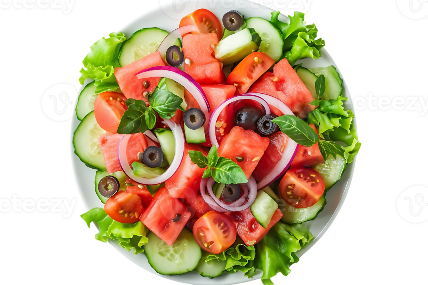 Fresh Watermelon Salad with Cucumbers, Tomatoes, Red Onion, and Olives - Realistic Image png