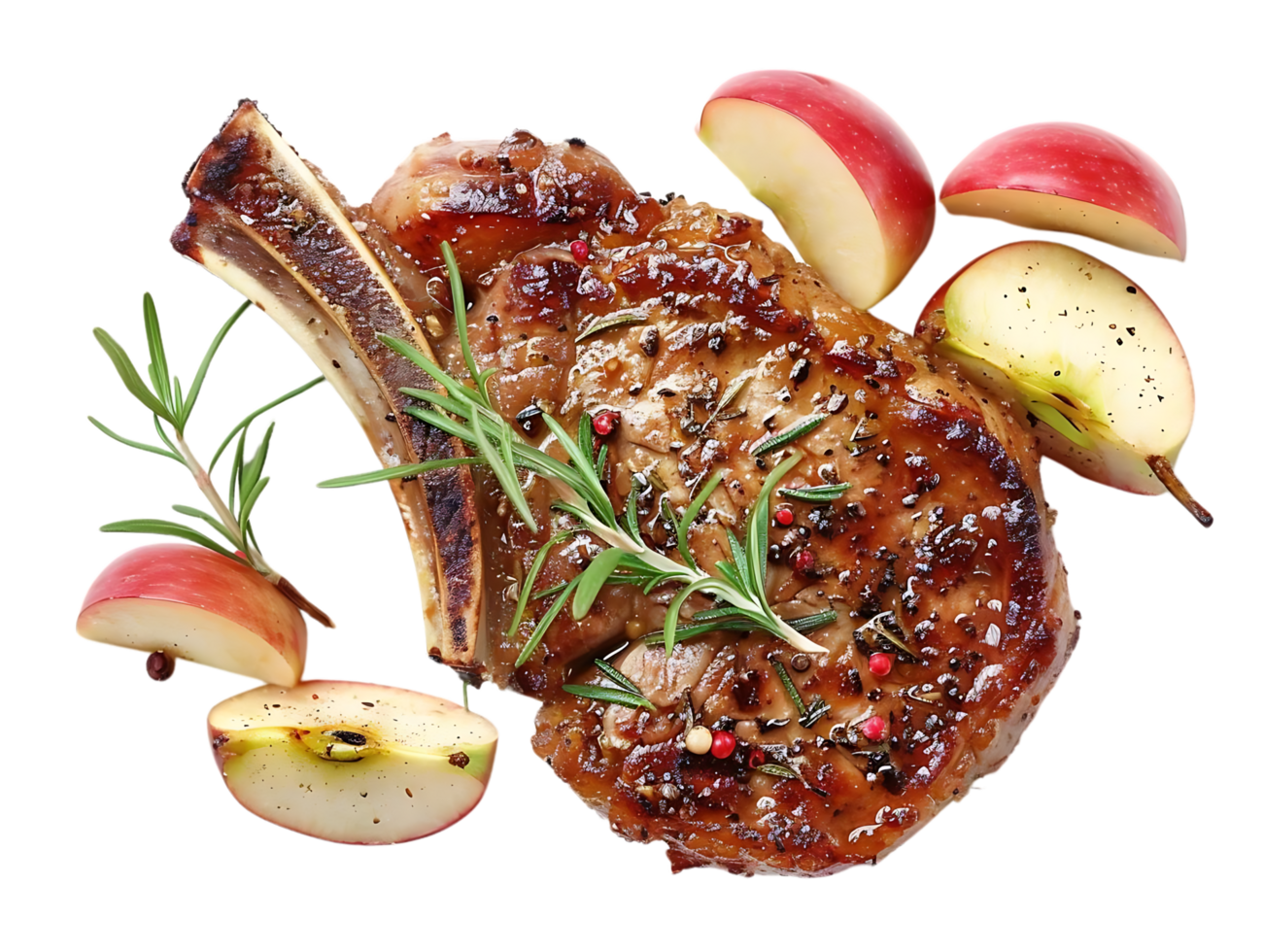 Grilled Pork Chop with Rosemary and Apple Slices - Food Photography png