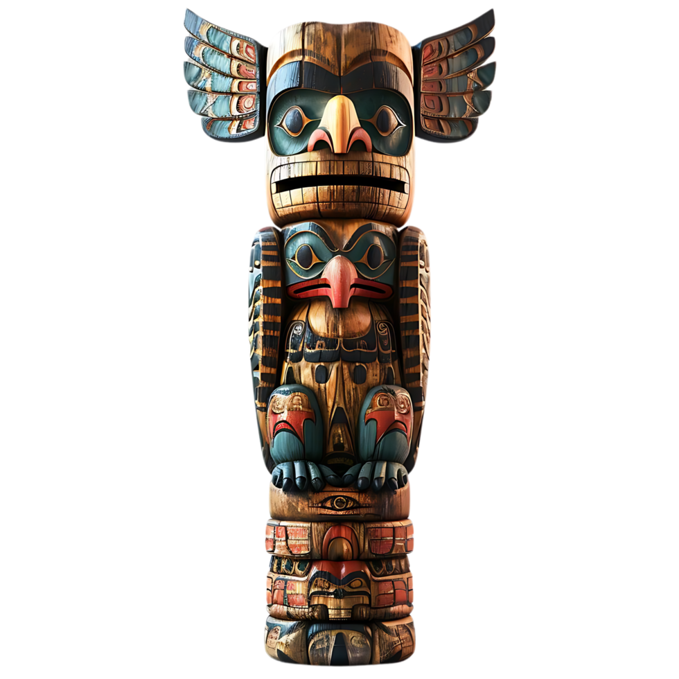 Native American Totem Pole with Eagle and Raven Figures png