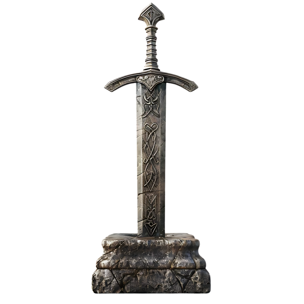 Ornate Medieval Sword on Stone Base png