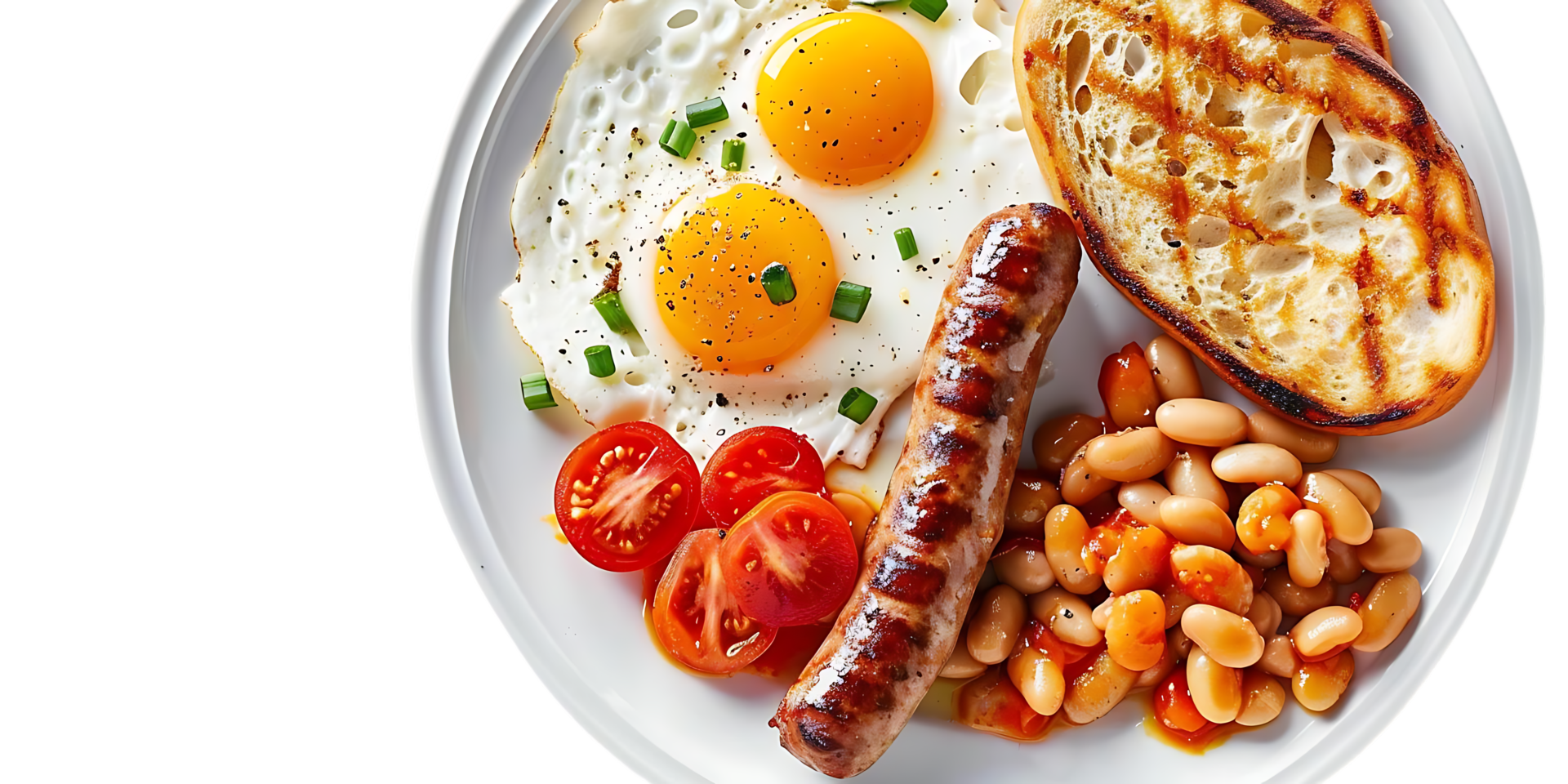 Fried Eggs with Sausage, Baked Beans, and Toast on a White Plate - Realistic Food Photo png