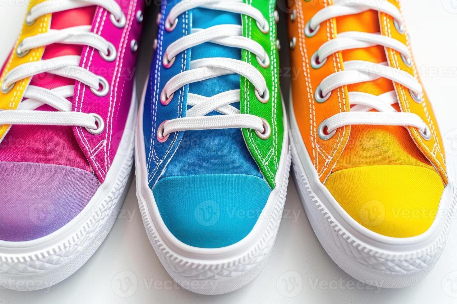 Colorful sneakers in a rainbow of hues, neatly lined up on a white background. Trendy footwear for casual style enthusiasts photo
