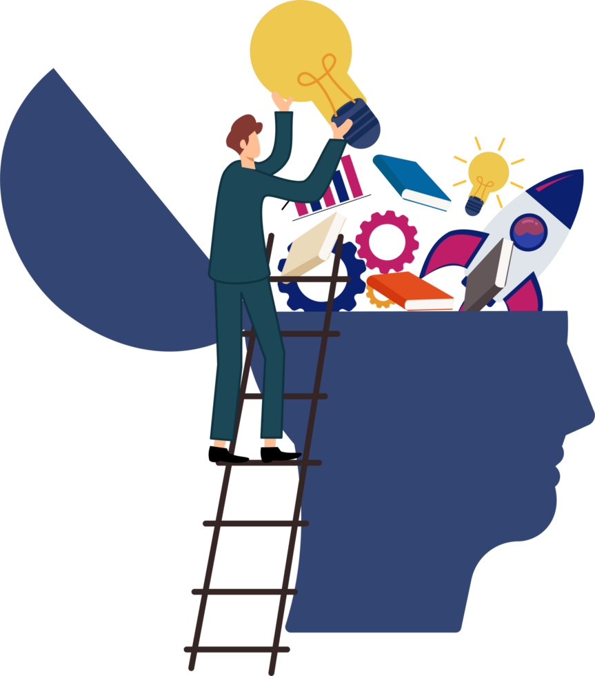 man putting light bulb ideas, books and rocket booster into human head to upgrade working skill or upskill learn new things and knowledge development for new skill png