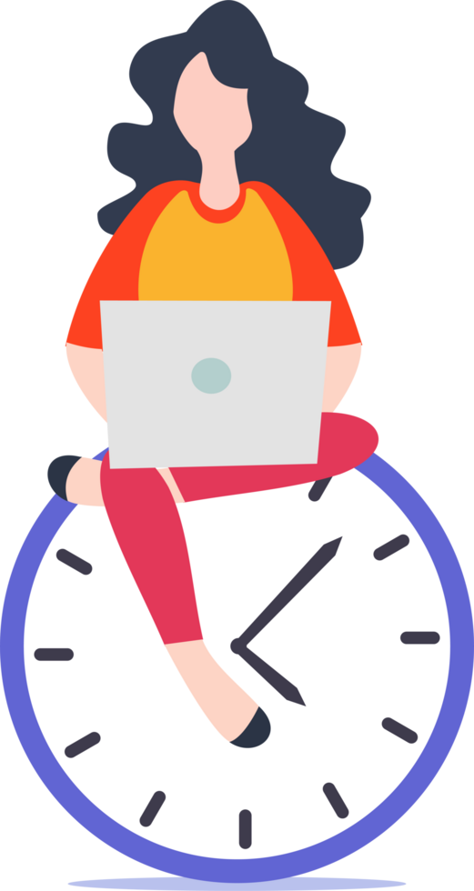 Time management concept or focus and time management while working from home and illustration of woman using laptop sitting on clock png