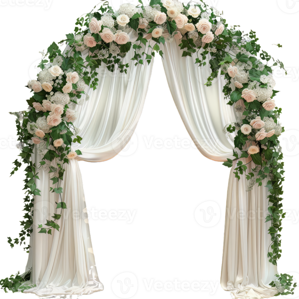 Close-Up of Exquisite Wedding Arch Setting with White Flowers and Green Leaves Decoration, Elegant Floral Arrangement for Romantic Ceremonies png