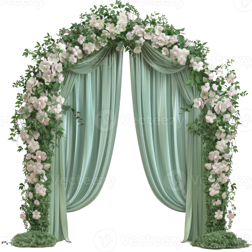 Elegant Wedding Ceremony Arch with Vibrant Green Fabric Background Enhanced by Artistic Decorative Roses, Creating a Timeless and Romantic Setting png