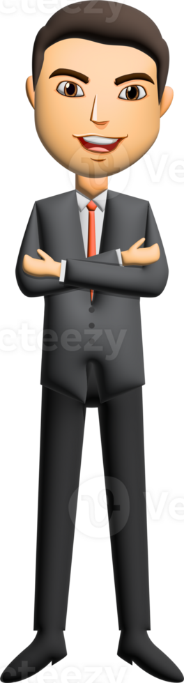 Businessman in cartoon style wearing black suit standing pose 3D illustration png