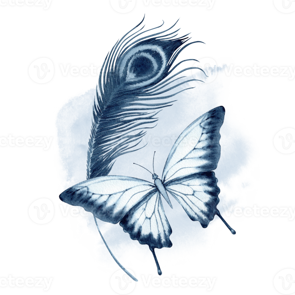 Peacock feather and butterfly watercolor illustration. Hand drawn painting isolated on transparent background. Blue monochrome beauty and wealth symbol for fashion clothes, tattoos, printing designs png
