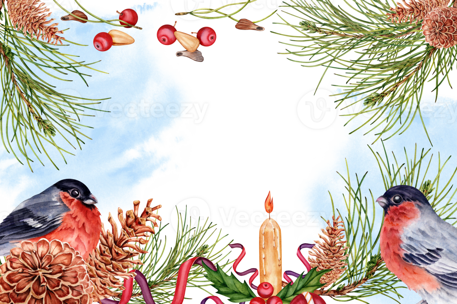 Christmas card with hand drawn pine branches and cones, ribbon decorations and finch birds. Watercolor illustration isolated on transparent background. Copy space winter holidays invitation design png