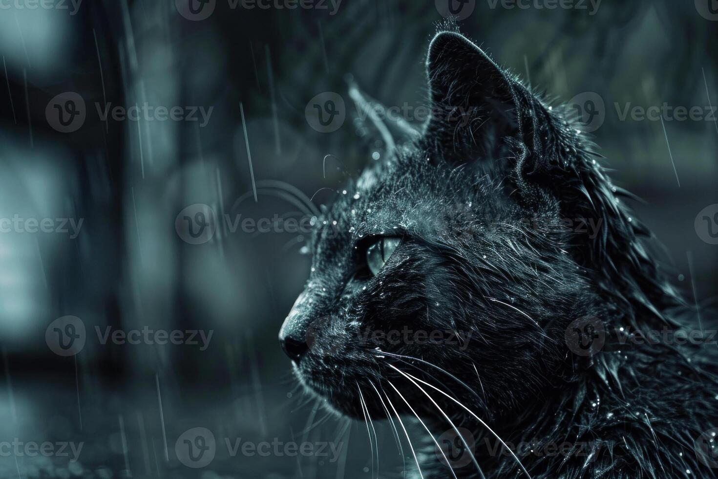 Elderly cat's visage captured in monochrome, gazing aside against a serene, rain-soaked backdrop, highlighting the profound detail of its fur and whiskers photo