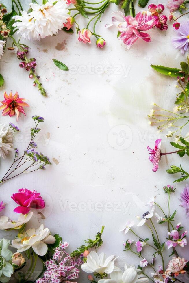 Vibrant collection of spring flowers forming an elegant border on a white backdrop, with space for text. Perfect for invitations, greeting cards, and seasonal promotions photo