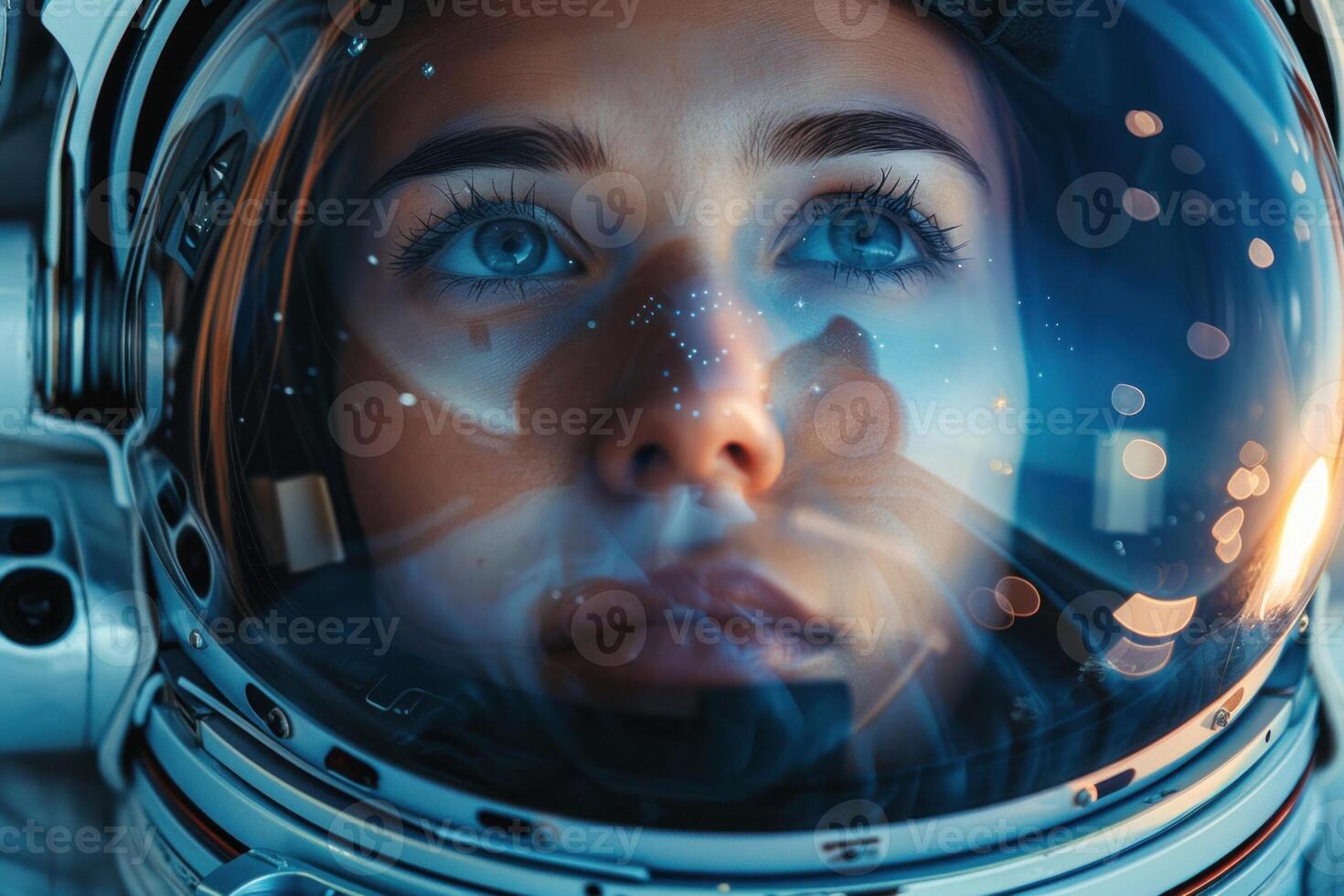 Close-up of a female astronaut in a reflective helmet, with wonder-filled eyes and a backdrop hinting at distant galaxies and stars photo